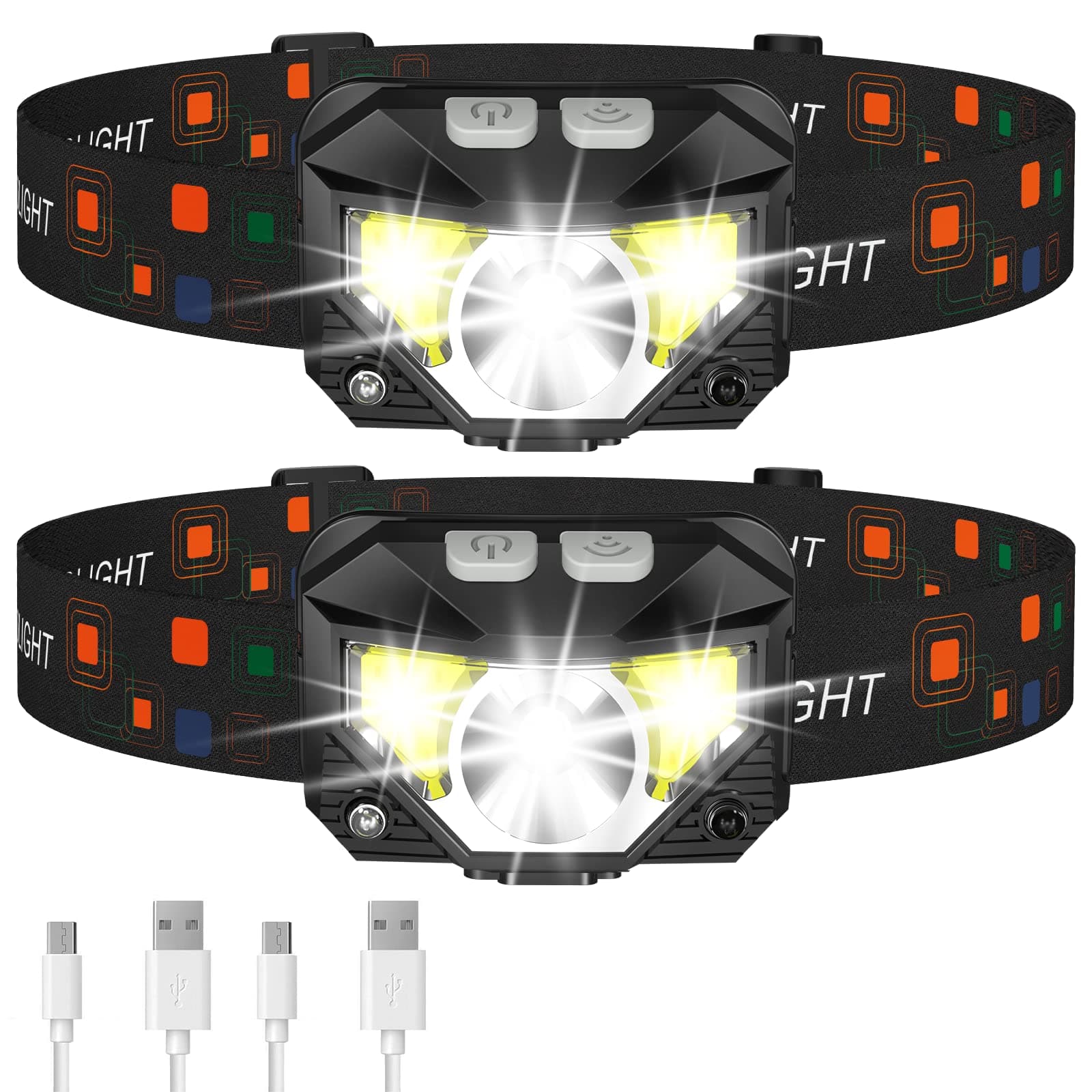 LHKNL Headlamp Flashlight, Lumen Ultra-Light Bright LED Rechargeable Headlight with White Red Light, 2-Pack Waterproof M