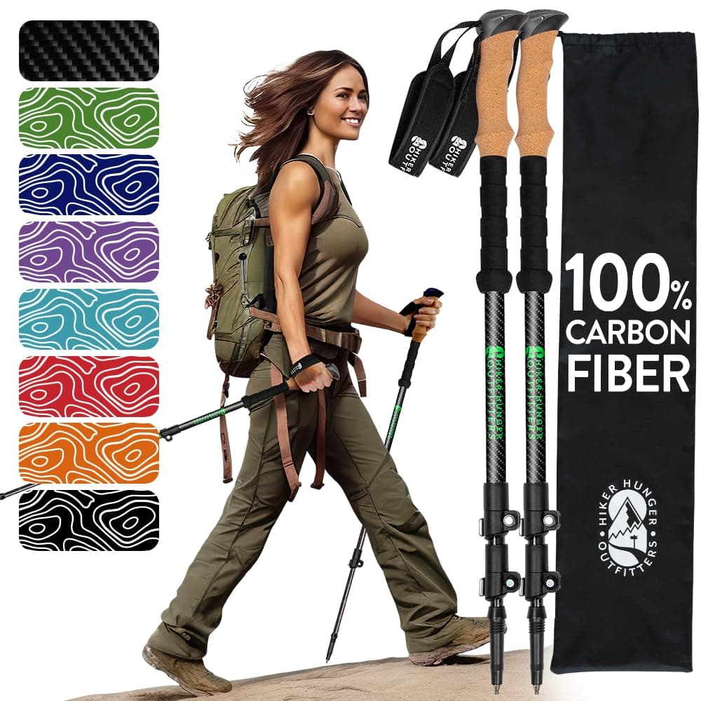 100% Carbon Fiber Trekking Poles by USA Brand - Ultra Strong Lightweight Collapsible Hiking Poles with Cork and EVA Foam
